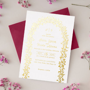 Invitación Con Relieve Metalizado Corona de Boda Floral Romántica Elegante Moderna