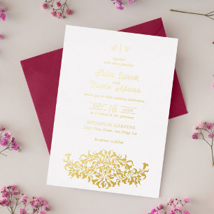 Invitación Con Relieve Metalizado Corona de Boda Floral Romántica Elegante Moderna