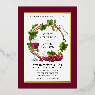 Invitación Con Relieve Metalizado Corona de bodas de uvas al agua Burgundy Gold