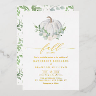 Invitación Con Relieve Metalizado Corona de calabaza blanca Vegetación Boda de otoño