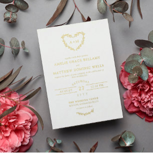 Invitación Con Relieve Metalizado Corona de Corazón de Boda Blanca y Dorada Elegante