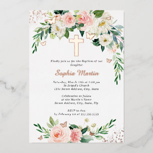 Invitación Con Relieve Metalizado Corona de cruz de oro rosa con rubor rosa para niñ