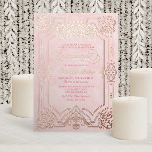 Invitación Con Relieve Metalizado Corona de Diadema Rosa Elegante Quinceañera