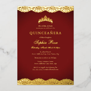 Invitación Con Relieve Metalizado Corona de encaje dorado rojo Quinceanera Hoja
