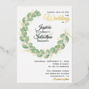 Invitación Con Relieve Metalizado Corona de eucalipto blanca dorada para boda verde