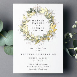 Invitación Con Relieve Metalizado Corona de eucalipto de oro real moderna para boda