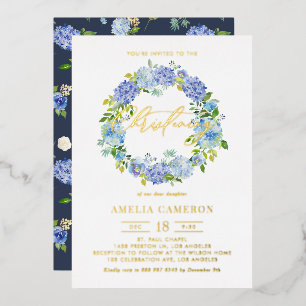 Invitación Con Relieve Metalizado Corona de flores de Hortensia Azul Bautizo