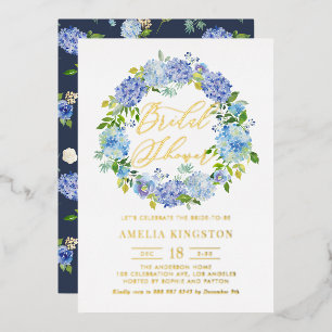 Invitación Con Relieve Metalizado Corona de flores de Hortensia Azul para Despedida