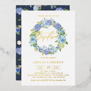 Invitación Con Relieve Metalizado Corona de flores de Hortensias azules al agua para