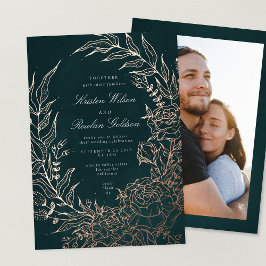 Invitación Con Relieve Metalizado Corona de flores de oro rosa esmeralda boda foto
