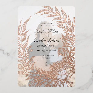 Invitación Con Relieve Metalizado Corona de flores de oro rosa esmeralda boda foto