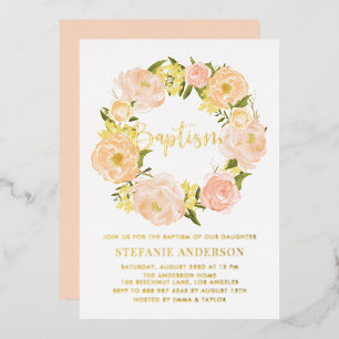 Invitación Con Relieve Metalizado Corona de flores de peonía naranja Bautizo de niña