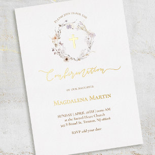Invitación Con Relieve Metalizado corona de flores silvestres con detalles dorados p
