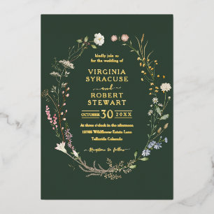 Invitación Con Relieve Metalizado Corona de flores silvestres elegantes boda verde r