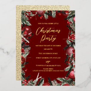 Invitación Con Relieve Metalizado Corona de Follaje Festivo Rojo Dorado de Navidad F