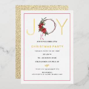 Invitación Con Relieve Metalizado Corona de Follaje Rojo de Alegría de Fiesta de Nav