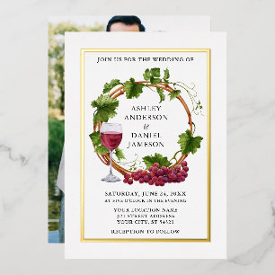 Invitación Con Relieve Metalizado Corona de foto de bodas de parras de uva en acuare