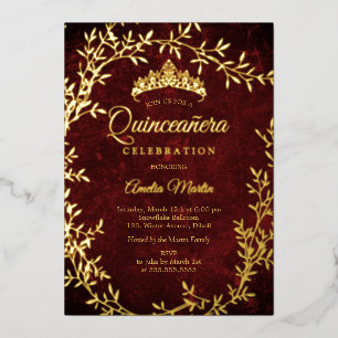 Invitación Con Relieve Metalizado Corona de hoja de burgundy dorada elegante para qu