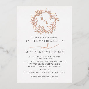 Invitación Con Relieve Metalizado Corona de hoja de laurel botánico boda monograma d