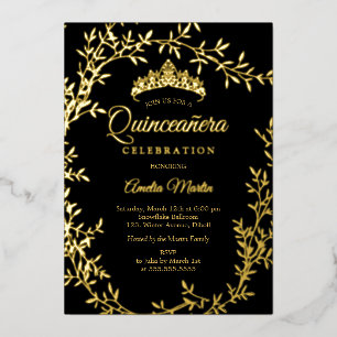 Invitación Con Relieve Metalizado Corona de hoja de oro negro elegante Quinceanera