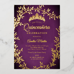Invitación Con Relieve Metalizado Corona de hoja de oro y púrpura elegante Quinceañe