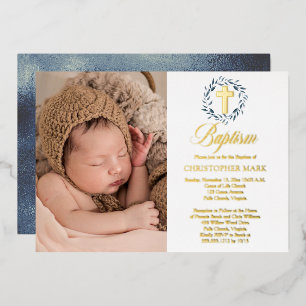 Invitación Con Relieve Metalizado Corona de Hojas de Acuarela Azul Niño Foto Bautizo