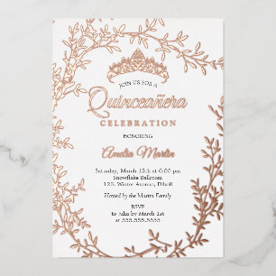 Invitación Con Relieve Metalizado Corona de hojas de oro rosa elegante para Quinceañ