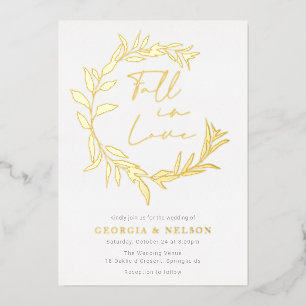 Invitación Con Relieve Metalizado Corona de hojas de papel de oro enamorada boda
