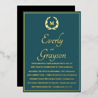 Invitación Con Relieve Metalizado Corona de Laurel Dorada Azul Turquesa Elegante par