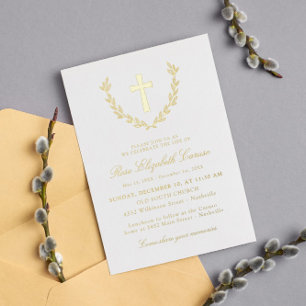 Invitación Con Relieve Metalizado Corona de Laurel Dorada Cruz Celebración de la Vid