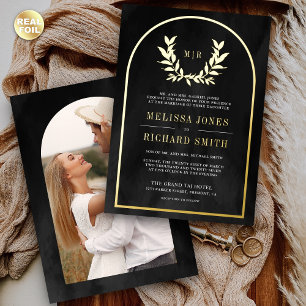 Invitación Con Relieve Metalizado Corona de Laurel Hojas Gris Carbón Boda Dorado