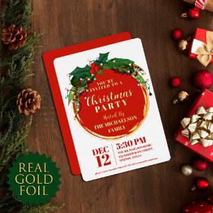 Invitación Con Relieve Metalizado Corona de luces de Navidad de bayas florales dorad