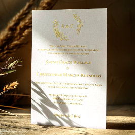 Invitación Con Relieve Metalizado  Corona de lujo con monograma en blanco y dorado p