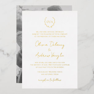 Invitación Con Relieve Metalizado Corona de monograma Cresta Foto Elegante Boda Dora