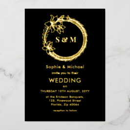 Invitación Con Relieve Metalizado Corona de monograma de boda en oro negro