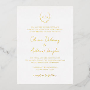 Invitación Con Relieve Metalizado Corona de monograma elegante todo en uno boda oro