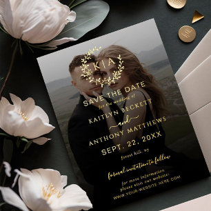 Invitación Con Relieve Metalizado Corona de monograma para foto de boda Save The Dat