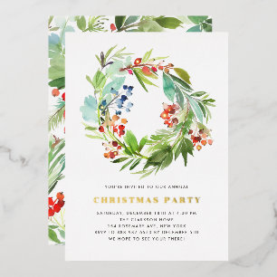 Invitación Con Relieve Metalizado Corona de Navidad de enebro y acebo Fiesta de Navi