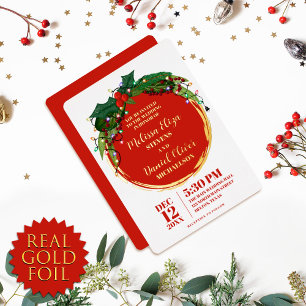 Invitación Con Relieve Metalizado Corona de Navidad de Luces de Flor de Bayas Bodas