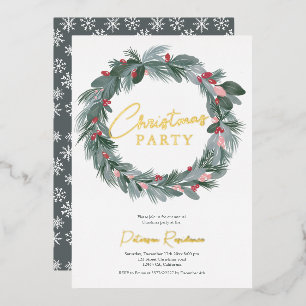 Invitación Con Relieve Metalizado Corona de Navidad floral verde azul rojo elegante