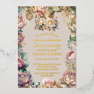 Invitación Con Relieve Metalizado Corona de Oro Flores de Diamante Quinceañera
