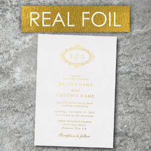 Invitación Con Relieve Metalizado Corona de papel de oro real Monograma elegante Bod