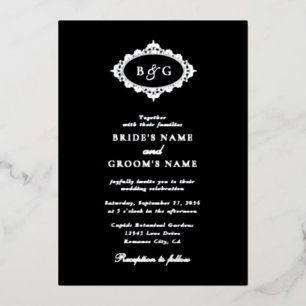 Invitación Con Relieve Metalizado Corona de papel de plata real elegante boda negra