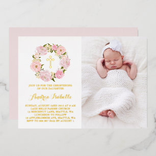 Invitación Con Relieve Metalizado Corona de peonía rosa acuarela Foto Bautizo