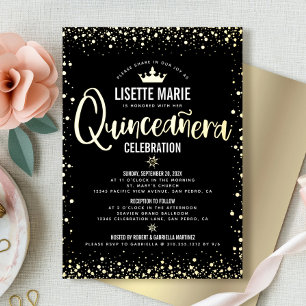 Invitación Con Relieve Metalizado Corona de Princesa de Quinceañera de Oro Real Negr