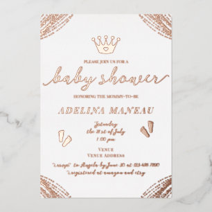 Invitación Con Relieve Metalizado Corona de Princesa Floral Niño Niña Baby Shower