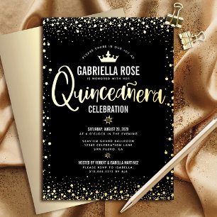 Invitación Con Relieve Metalizado Corona de Princesa Quinceañera Script Negro Oro Re
