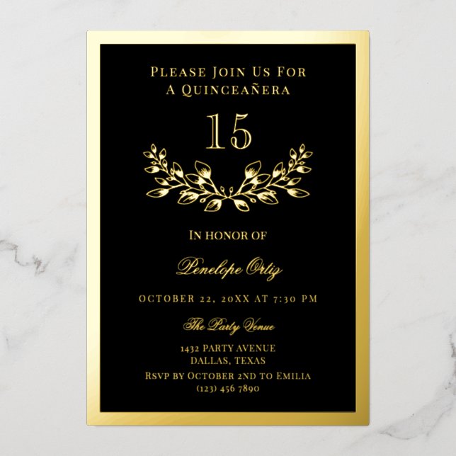 Invitación Con Relieve Metalizado Corona de Quinceañera con Hojas de Oro y Negro (Anverso)