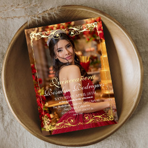 Invitación Con Relieve Metalizado Corona de Quinceañera con Tiara de Oro Foto Mis Qu