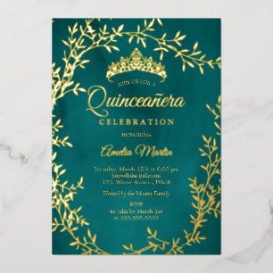 Invitación Con Relieve Metalizado Corona de quinceañera elegante de hoja de oro y ve